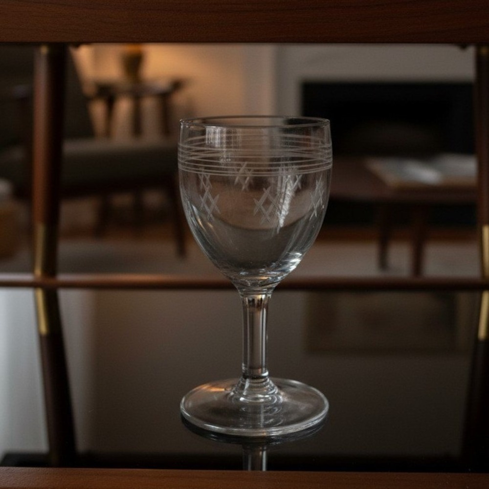 Criss-Cross Bands Liqueur Glass, 3oz Clear Cordial Stemware, Mid-Century Barware